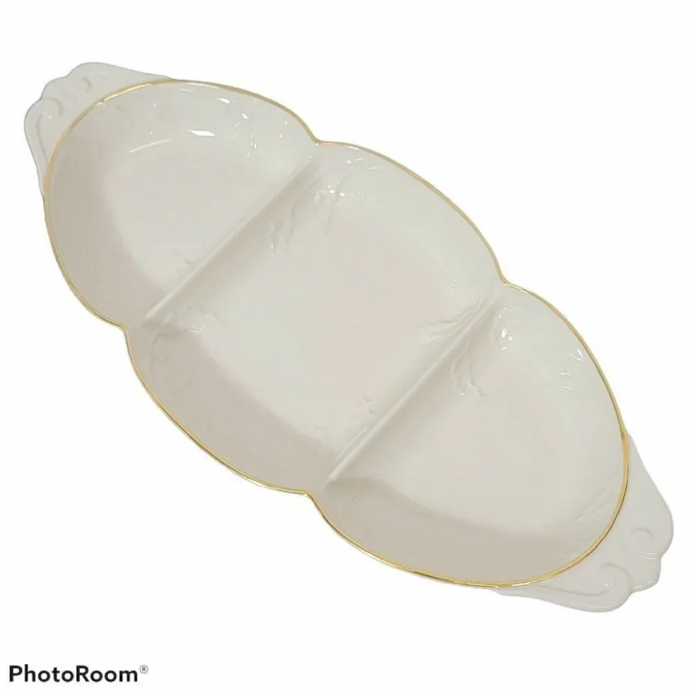 Lenox Off White Ceramic Holiday Heirloom 3 Part Relish Server Tray China Platter